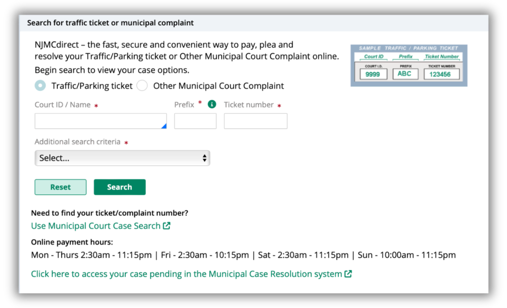 NJMCDirect Municipal-Ticket Search page
